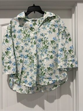 Floral Button-Front Cotton Blouse in White, Blue & Green by Crown & Ivy
